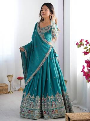 Teal Green coding dori with sequin embroidery silk lehenga choli 6