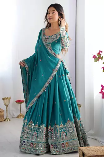 Teal Green coding dori with sequin embroidery silk lehenga choli