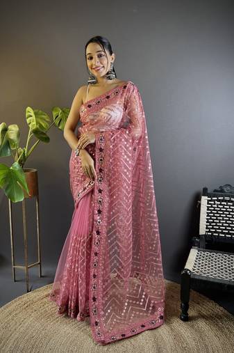 Peach Embroidery with Foil thread & Stonework saree