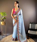 Blue Thread Embroidery with Cut Border saree