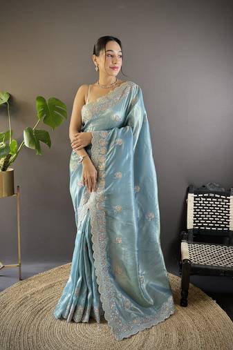 Blue Thread Embroidery with Cut Border saree