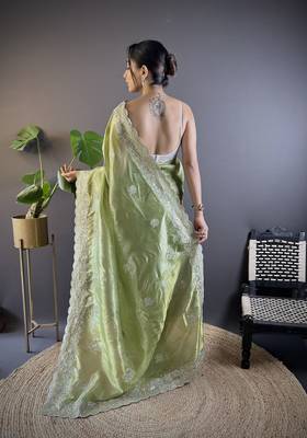 Green Thread Embroidery with Cut Border saree 4