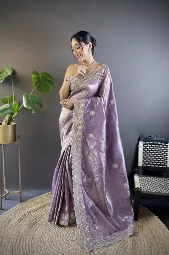 Purple Thread Embroidery with Cut Border saree
