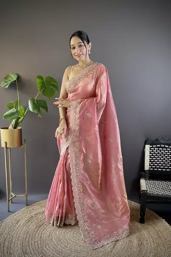 Peach Thread Embroidery with Cut Border saree