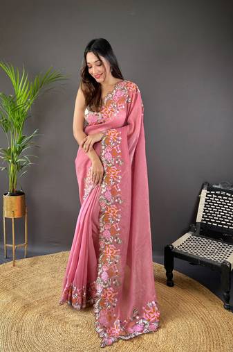 Peach Embroidered Floral Design with Cut Border saree