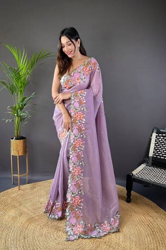 Purple Embroidered Floral Design with Cut Border saree