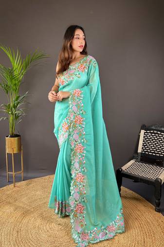 Blue Embroidered Floral Design with Cut Border saree