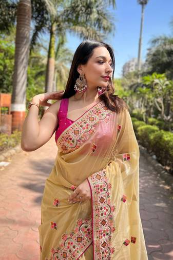 Yellow Embroidered Floral Design with Cut Border saree