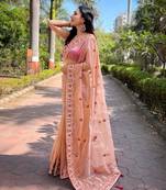 Peach Embroidered Floral Design with Cut Border saree