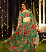 Green Digital Print Silk Lehenga