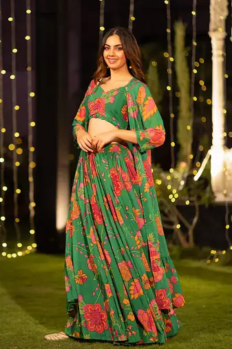Green Digital Print Silk Lehenga
