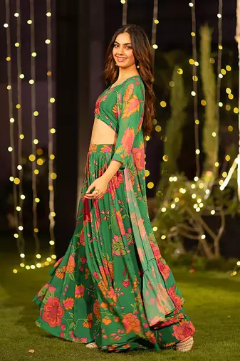 Green Digital Print Silk Lehenga