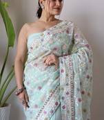 Blue Aari Embroidery with Stone work saree