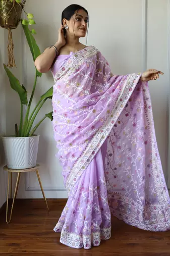 Purple Aari Embroidery with Stone work saree