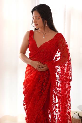 Red Aari Embroidery with Stone work saree
