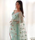 Blue  Sequin and Thread Embroidery Floral Pattern saree