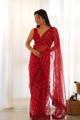 Red  Sequin and Thread Embroidery Floral Pattern saree