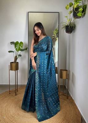 Teal  Sequin and Thread Embroidery Floral Pattern saree 1