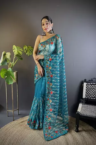 Teal Thread Embroidered saree