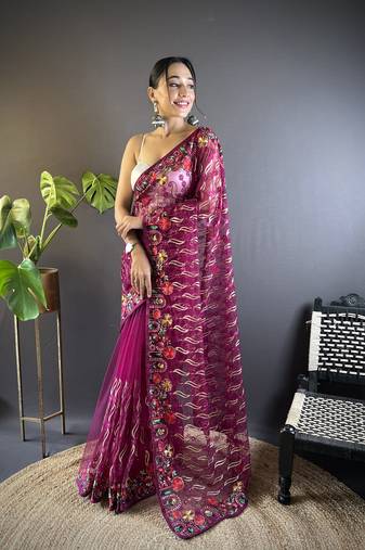 Wine Thread Embroidered saree