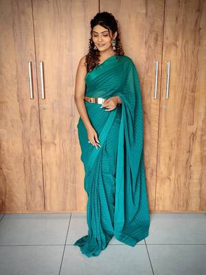 Teal Solid Weaving zari lining Ready to wear saree  1