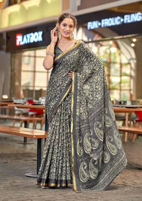 Grey modal mulcotton bagru block print saree with unstitched blouse piece 1