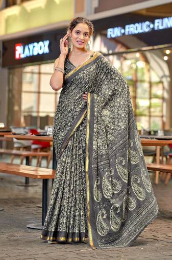 Grey modal mulcotton bagru block print saree with unstitched blouse piece