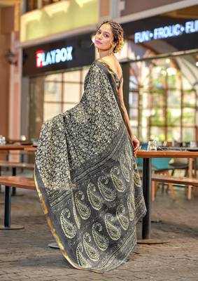 Grey modal mulcotton bagru block print saree with unstitched blouse piece 2