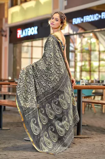 Grey modal mulcotton bagru block print saree with unstitched blouse piece