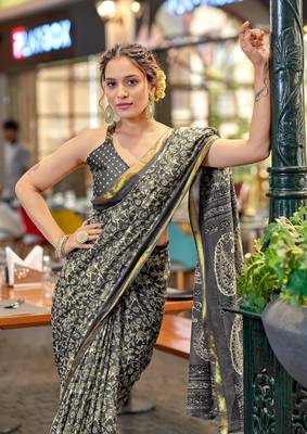 Grey modal mulcotton bagru block print saree with unstitched blouse piece 3