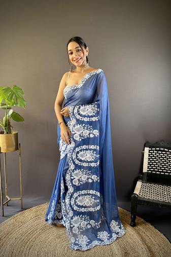 Blue Thread with Cut dana Embroidery saree