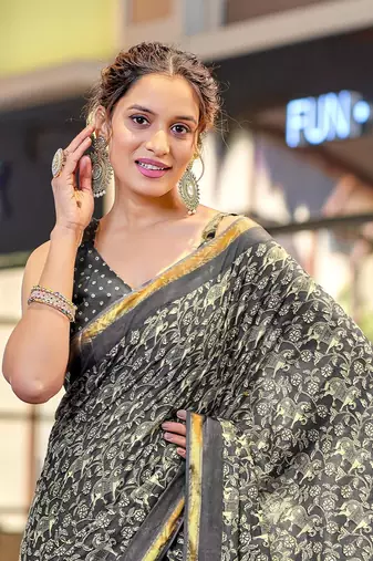 Grey modal mulcotton bagru block print saree with unstitched blouse piece