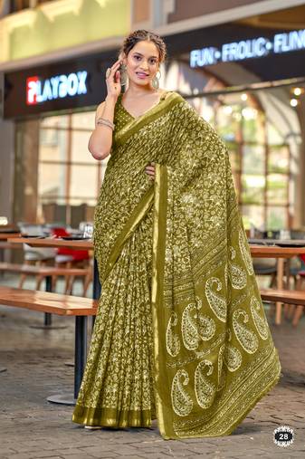 mustard modal mulcotton bagru block print saree with unstitched blouse piece