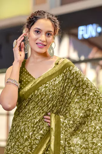 mustard modal mulcotton bagru block print saree with unstitched blouse piece