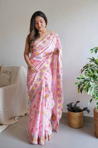 Pink Floral Digital Printed Sequin and Thread Embroidery saree