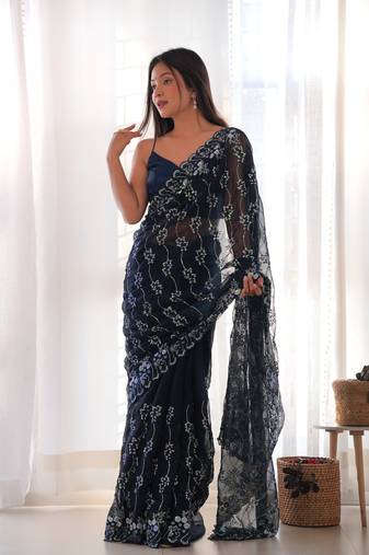 Blue Aari Embroidery with Stone work saree