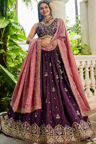 Burgundy Satin sequin embroidery Semi Stitched Lehenga choli with Dupatta