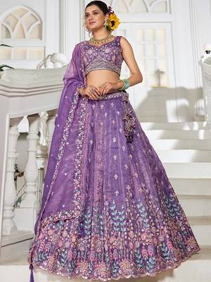 Purple Tissue sequin embroidery Semi Stitched Lehenga choli with Dupatta 1