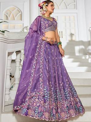 Purple Tissue sequin embroidery Semi Stitched Lehenga choli with Dupatta 3