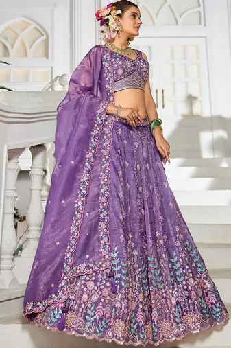 Purple Tissue sequin embroidery Semi Stitched Lehenga choli with Dupatta
