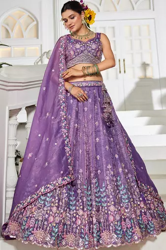 Purple Tissue sequin embroidery Semi Stitched Lehenga choli with Dupatta