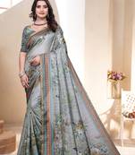Green digital print silk blend saree with blouse