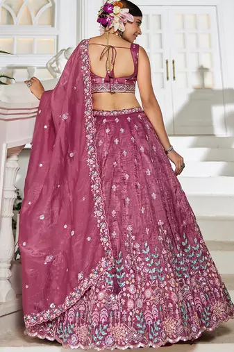 Burgundy Tissue sequin embroidery Semi Stitched Lehenga choli with Dupatta