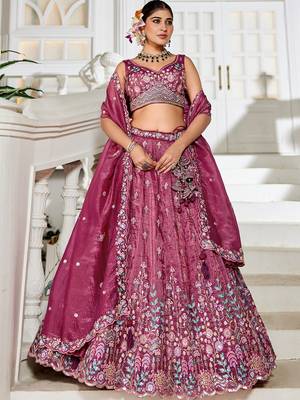 Burgundy Tissue sequin embroidery Semi Stitched Lehenga choli with Dupatta 1