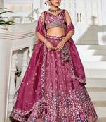 Burgundy Tissue sequin embroidery Semi Stitched Lehenga choli with Dupatta