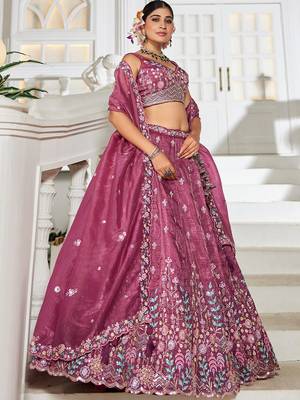 Burgundy Tissue sequin embroidery Semi Stitched Lehenga choli with Dupatta 3