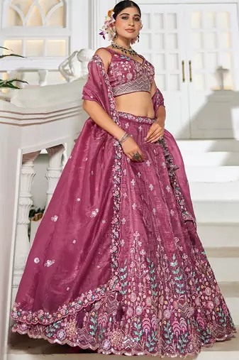 Burgundy Tissue sequin embroidery Semi Stitched Lehenga choli with Dupatta