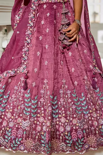 Burgundy Tissue sequin embroidery Semi Stitched Lehenga choli with Dupatta