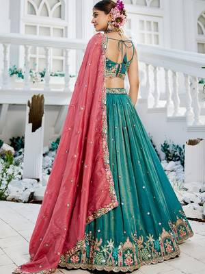 Sea Green Satin sequin embroidery Semi Stitched Lehenga choli with Dupatta 2