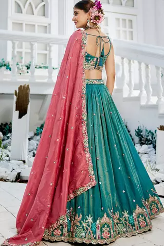 Sea Green Satin sequin embroidery Semi Stitched Lehenga choli with Dupatta